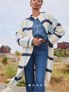 Striped Belted Fringe Multi coat in White, Light Blue & Navy (worn 2x)